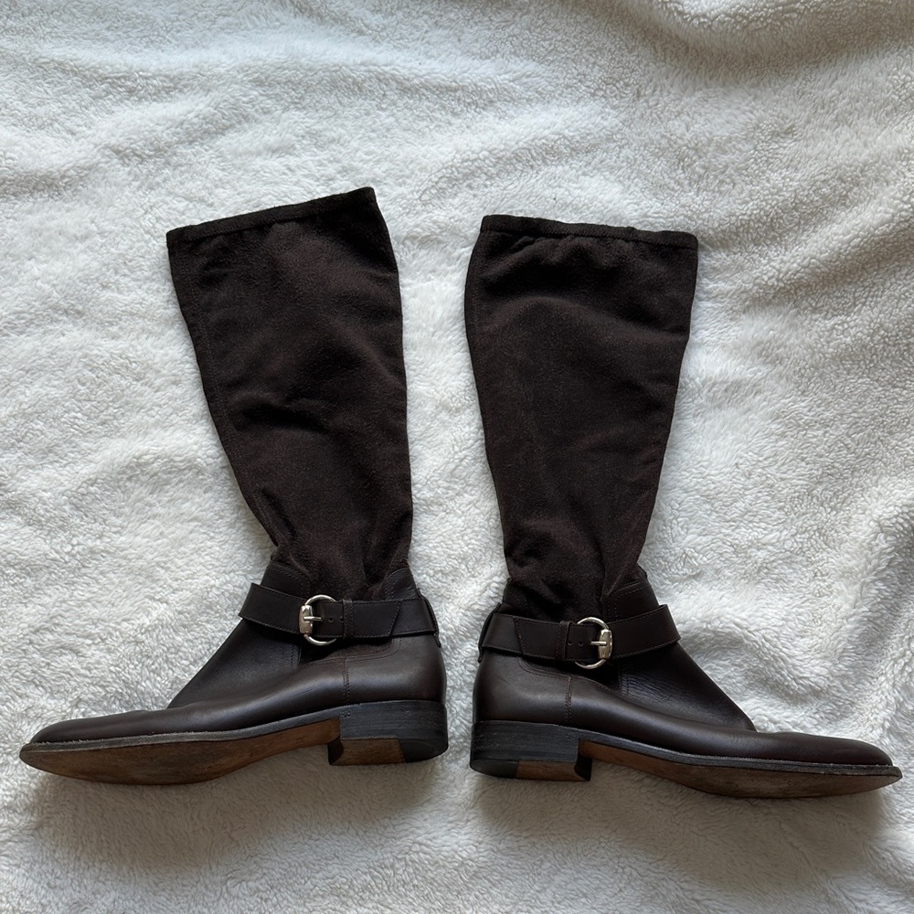 Gucci Vintage Dark Chocolate Brown Suede Knee-High Buckle Boots - Size 8.5 B
